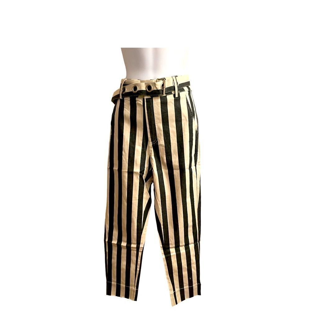 Uniq Striped Tapered Straight Leg Highwaist Belted Pants Small NWT